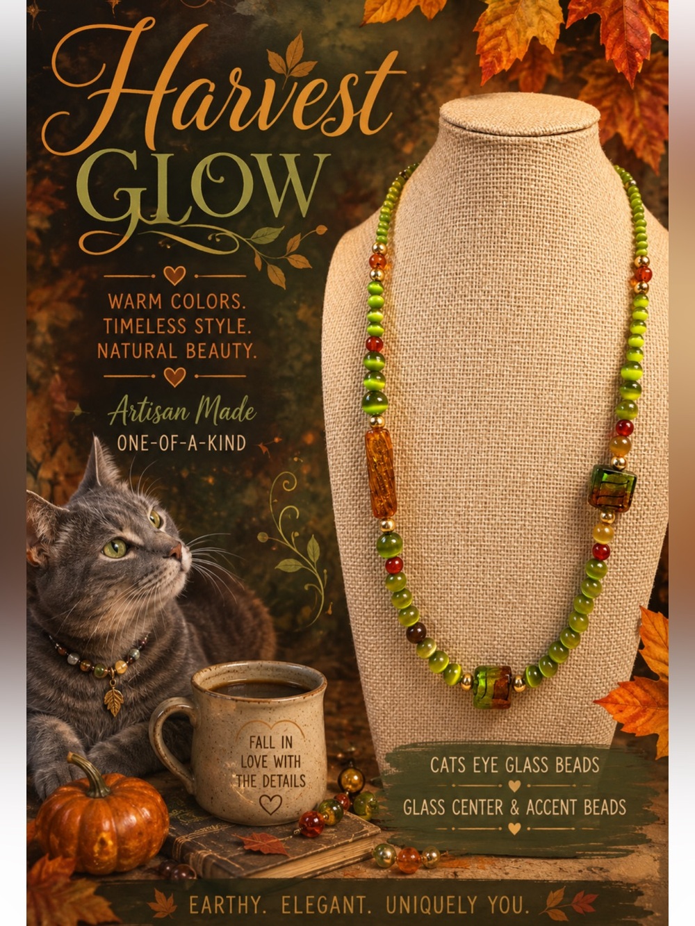 Artisan Harvest Glow Green and Amber Glass Beaded Necklace